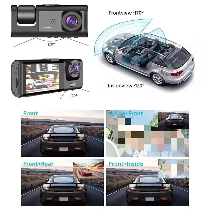 Dash Cam 1080P 3 Channel Car DVR with Night Vision Loop Recording IPS Screen Interior and Cabin Camera Recorder