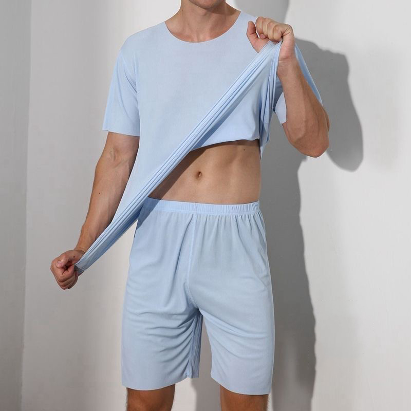 Pijamas de seda de hielo para hombre, camisa y pantalones lisos, 2 uds., conjunto de Pijamas para dormir, ropa informal para el hogar para hombre, pijamas de verano, ropa de dormir, traje