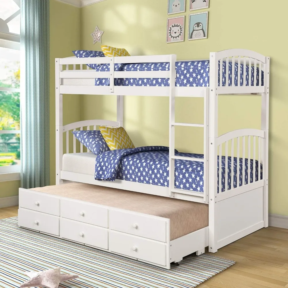 Twin Over Twin Bunk Bed with Twin Trundle, 3 Storage Drawers, Safety Rail, and Removable Ladder, Can be Separated into 3 Bed