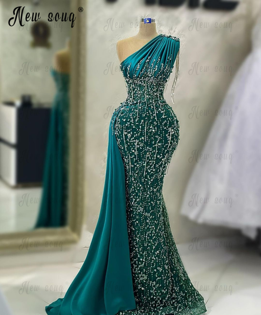 Arabic Emerald Green Elegant Evening Dress Glitter Tassel Wedding Party Gowns One Shoulder Beaded Formal Prom Dresses Customized