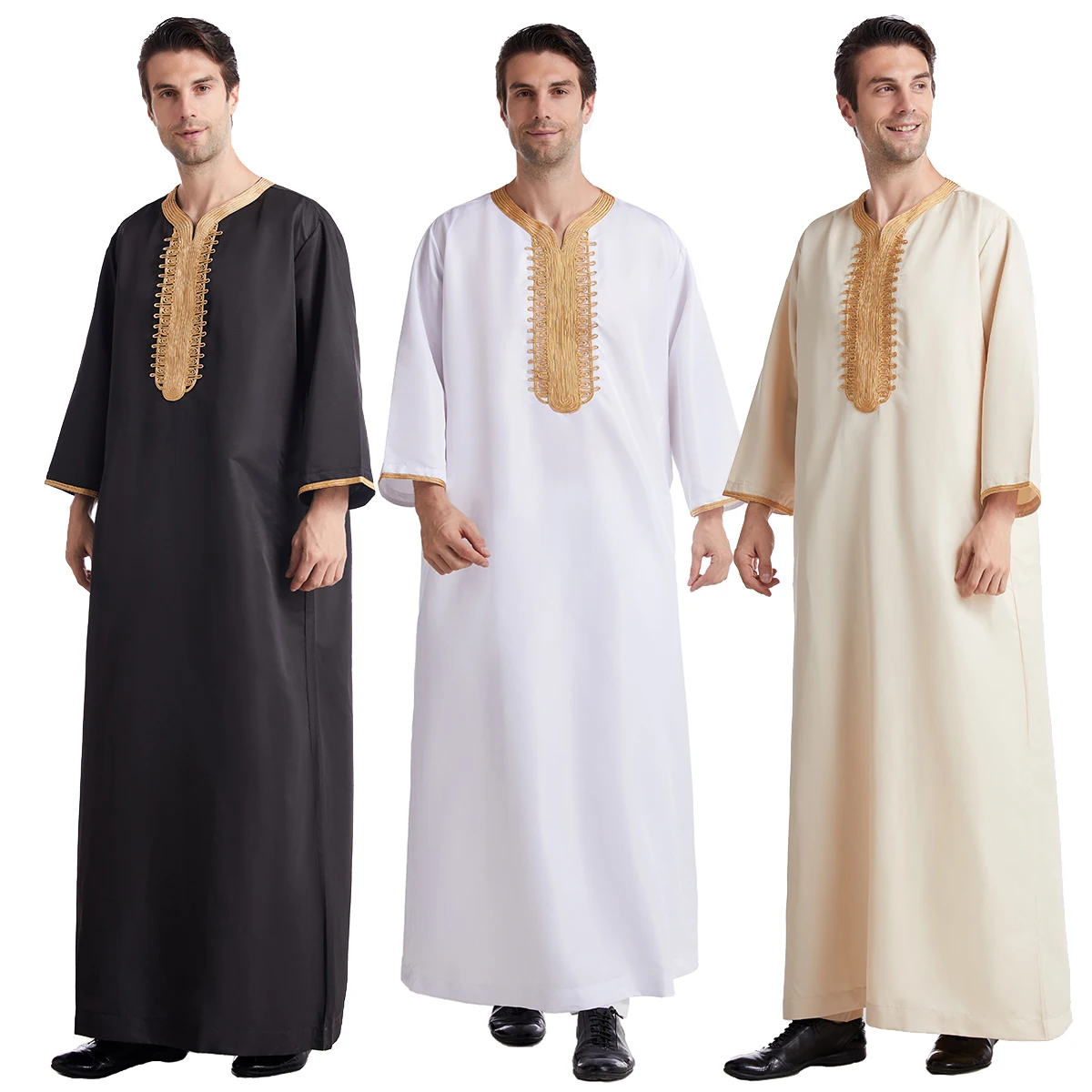 Muslimische Männer Acht Ärmeln Runde Kragen Reine Farbe Stickerei Robe Arabischen Männlichen Erwachsenen Knöchel Länge Thobe Ramadan Eid Kleidung