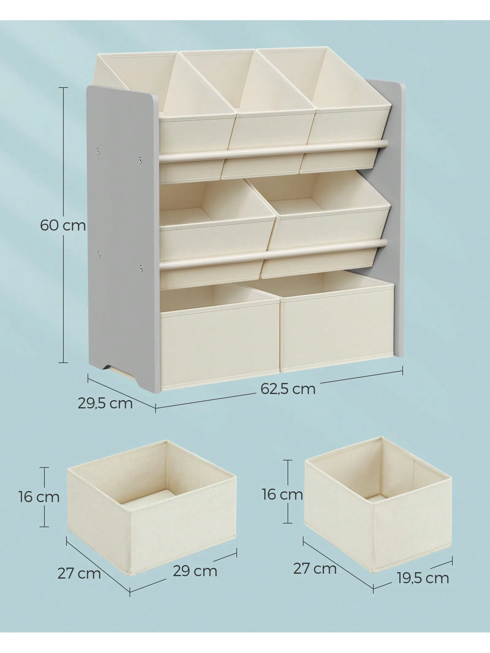 SONGMICS Libreria per bambini: libreria per bambini con 7 contenitori in tessuto non tessuto, spazioso, 29,5 x 62,5 x 60 cm, grigio colomba