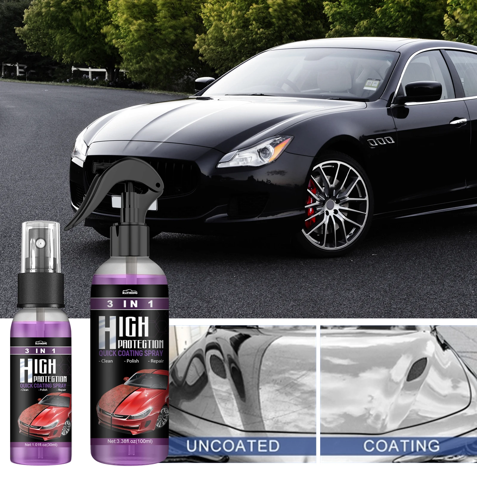 Rayhong 3 in 1 Rivestimento in ceramica per auto Nano Agente di rivestimento Rivestimento in cristallo Liquido idrofobico Anti-graffio Rivestimento in cera per auto Auto Poli