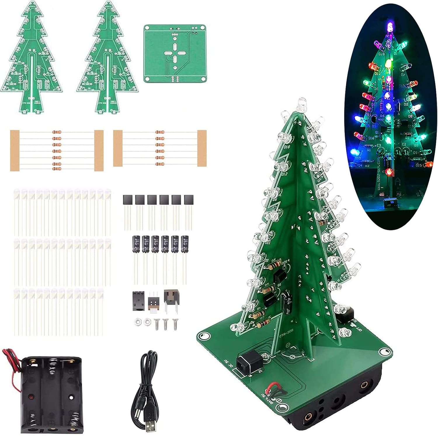Kits de bricolaje Led de árbol de Navidad 3D, Kits divertidos de ensamblaje electrónico de circuito LED RGB de Flash de 7 colores, placa PCB de proyecto STEM