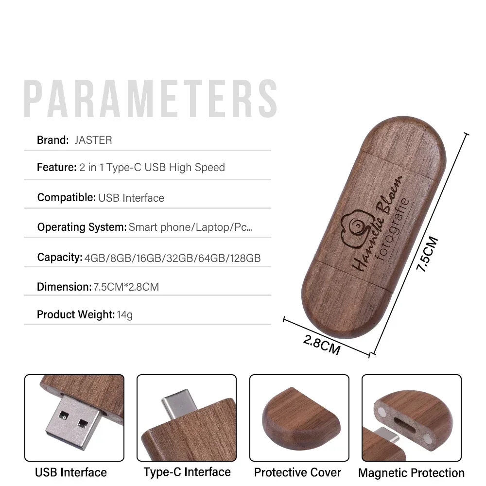JASTER Wooden TYPE-C USB 2.0 Flash Drive 128GB Pen Drive Free Logo Creative Business Gift U Disk 64GB with Box 32GB Memory Stick