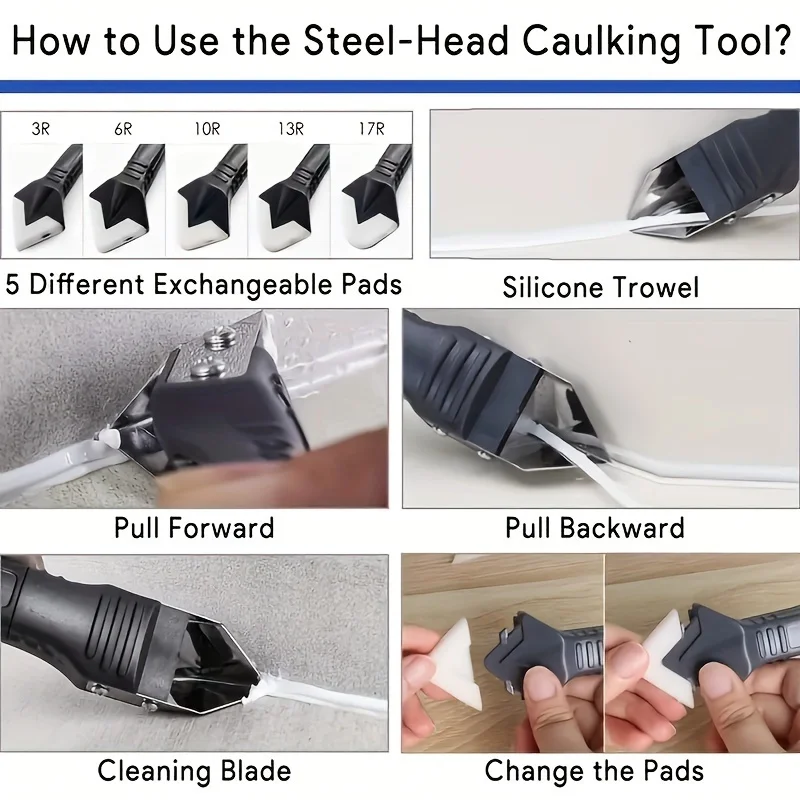 Conjunto de ferramentas para calafetagem com cabeças de metal e silicone - Aplicador manual de selante para acabamento de precisão, construção plástica durável