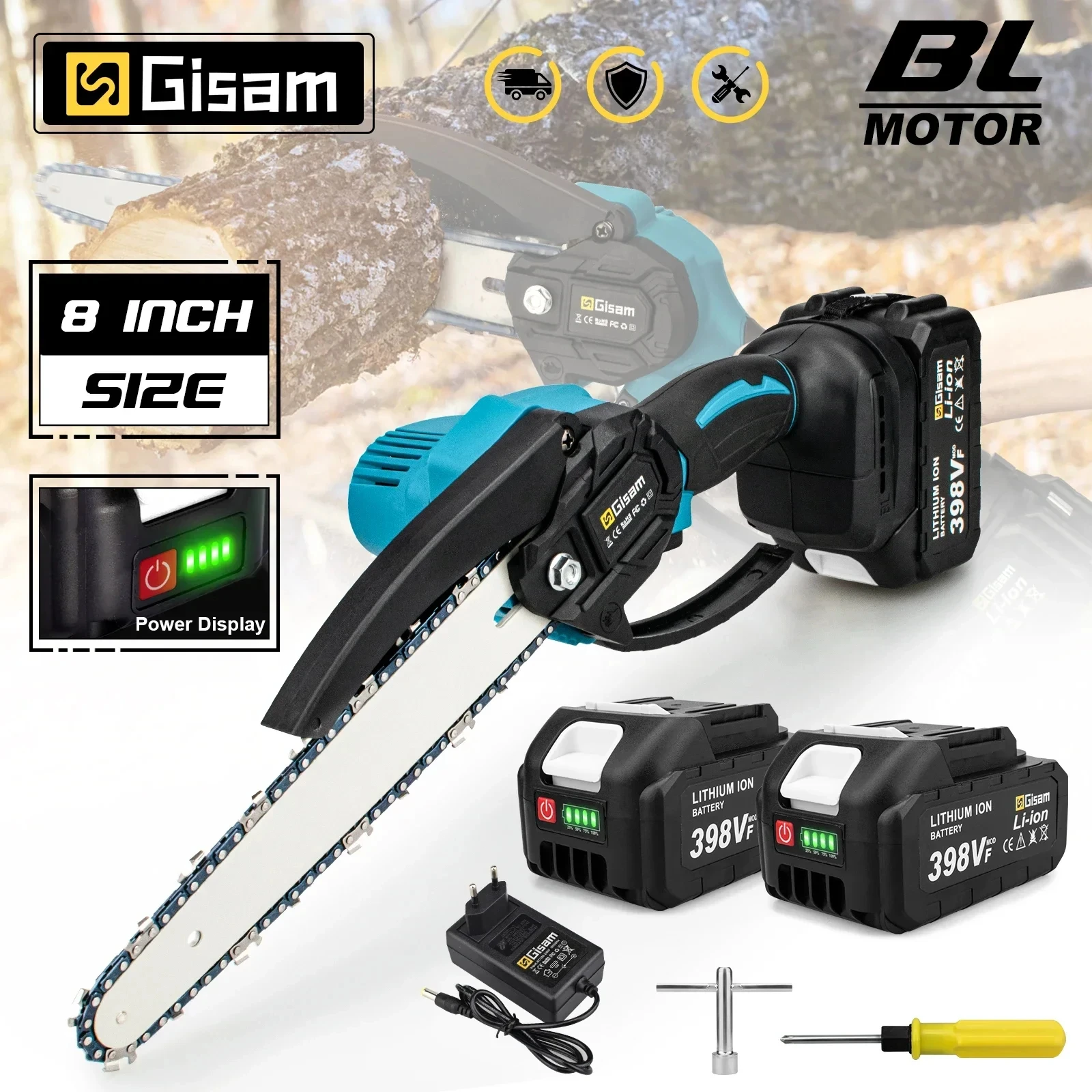 Gisam 8Inch Brushless Electric Saw Cordless Chainsaw Handheld Garden Wood Logging Chainsaw Power Tool for Makita 18V Battery Pin