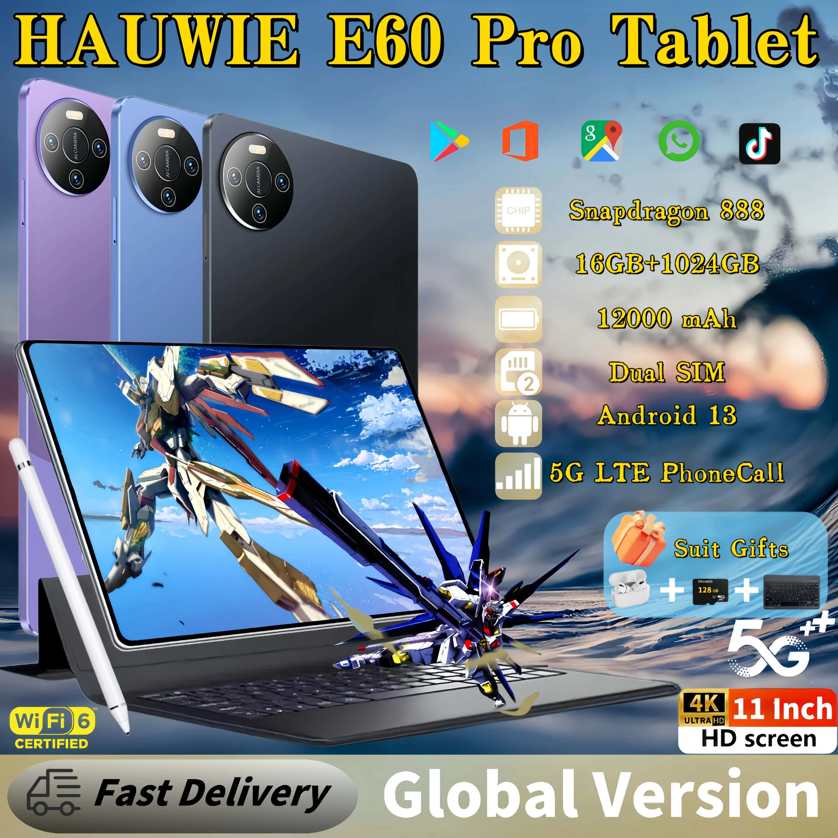 Tablette PC E60 Pro, Android 13, Snapdragon 2024, 16 Go + 1 To, 4K, 11 pouces, 888 mAh, 5G, WiFi, Touriste EpiCard, PhoneCall, Original, Nouveau, 12000