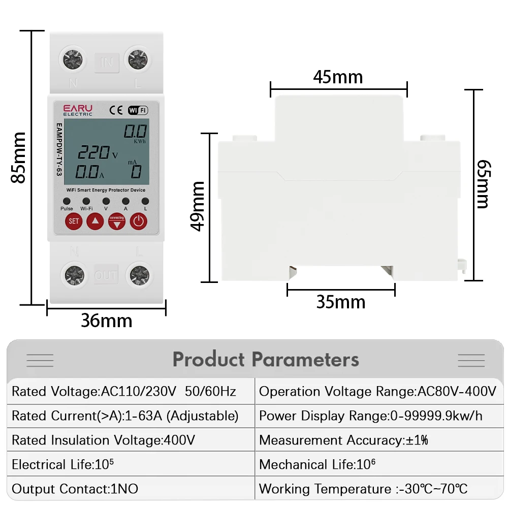 2P 63A TUYA WiFi Smart Perdite di Terra da Sovratensione Protezione Relè Dispositivo Interruttore Interruttore di Alimentazione Energetica kWh Meter Vita Intelligente