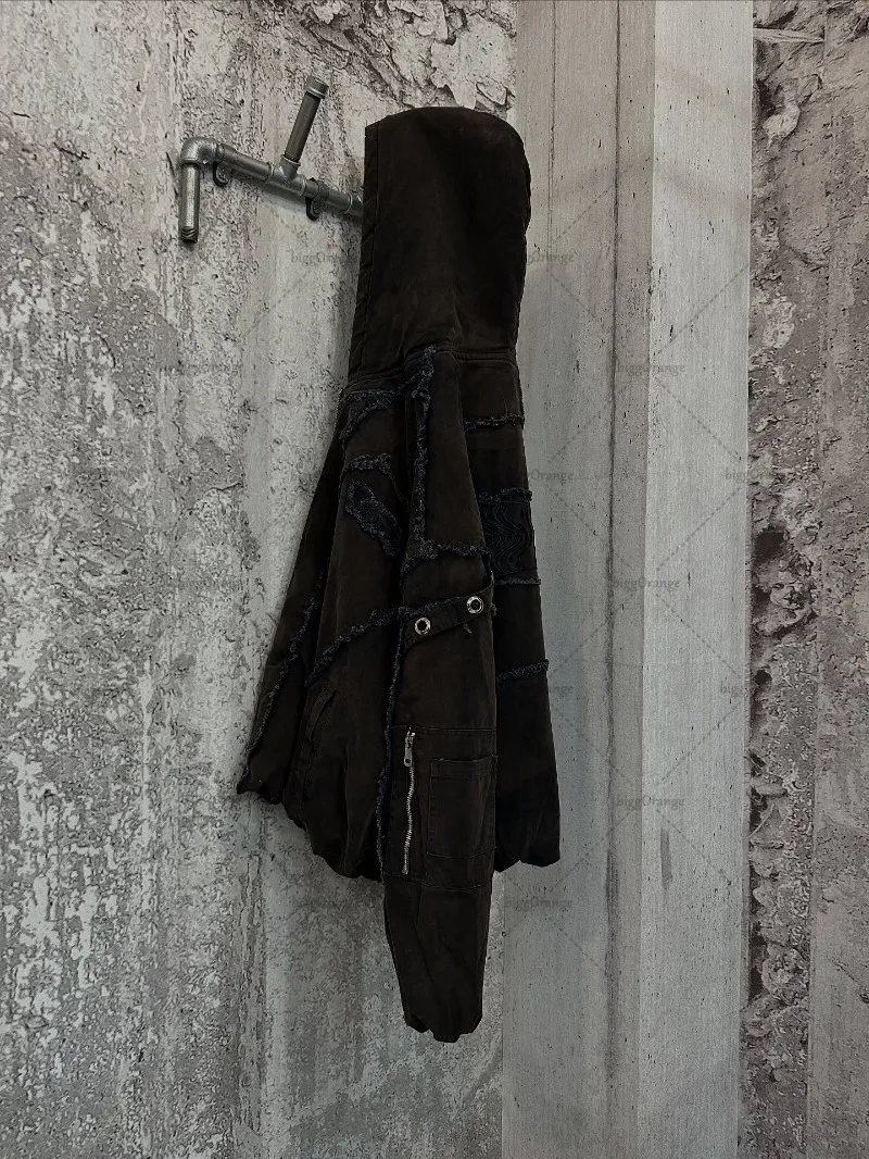 Ropa de calle Punk para hombre, sudadera con cremallera adhesiva de estilo destructivo, bigotes bordados a la moda, Sudadera con capucha con múltiples bolsillos