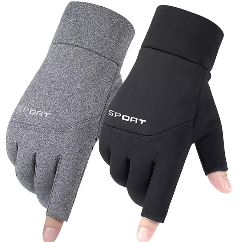 Guantes de pesca de invierno para hombre y mujer, guantes cálidos antideslizantes para ciclismo, deportes de pesca, pantalla táctil, corte de dos dedos, pesca al aire libre