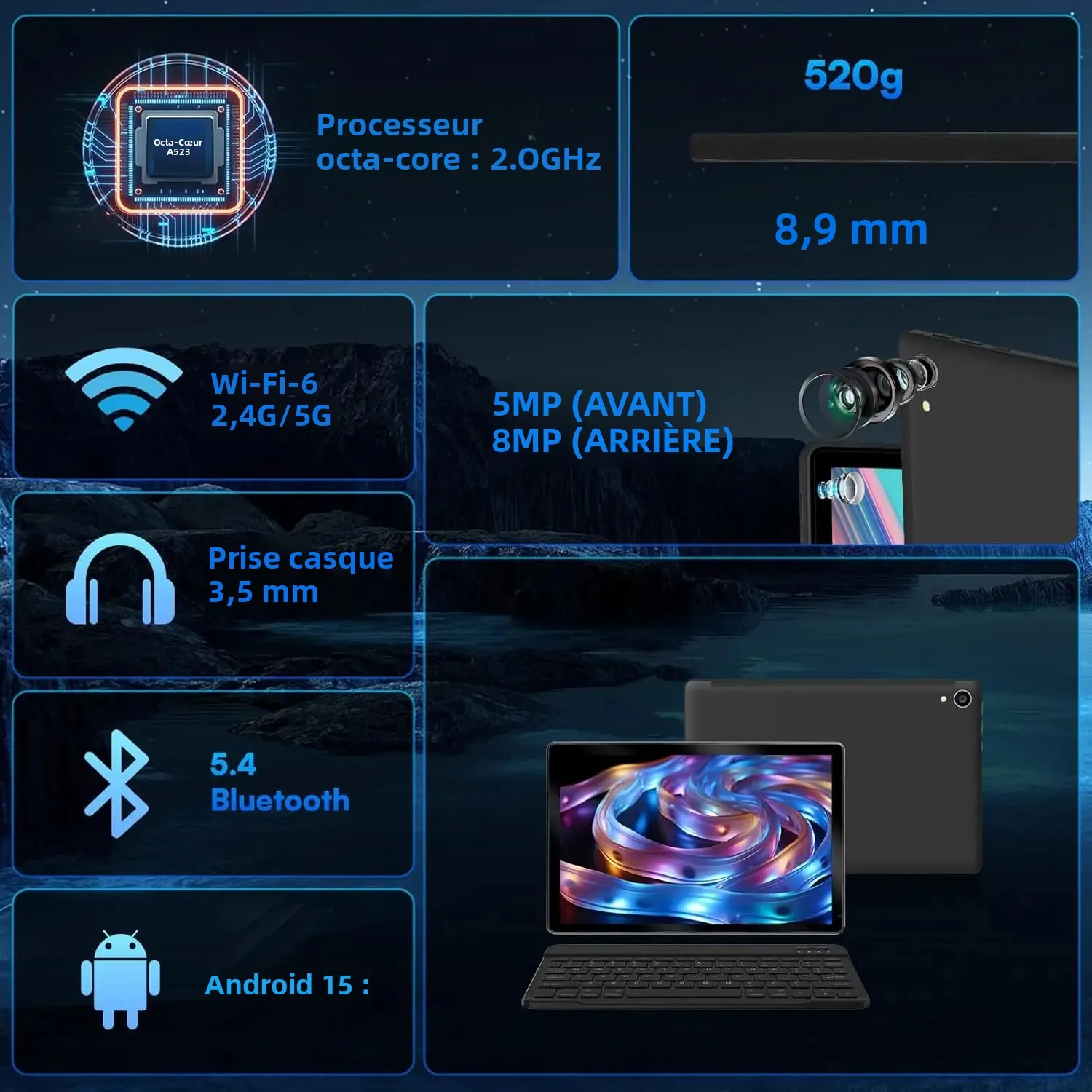 Tablette Android 15 A523, 10 pouces, 8 cœurs, 24 go + 128 go, extension 1 to, WiFi 6, 5mp + 8mp, stylet, clavier, souris, casque, PC, ensemble de coussinets