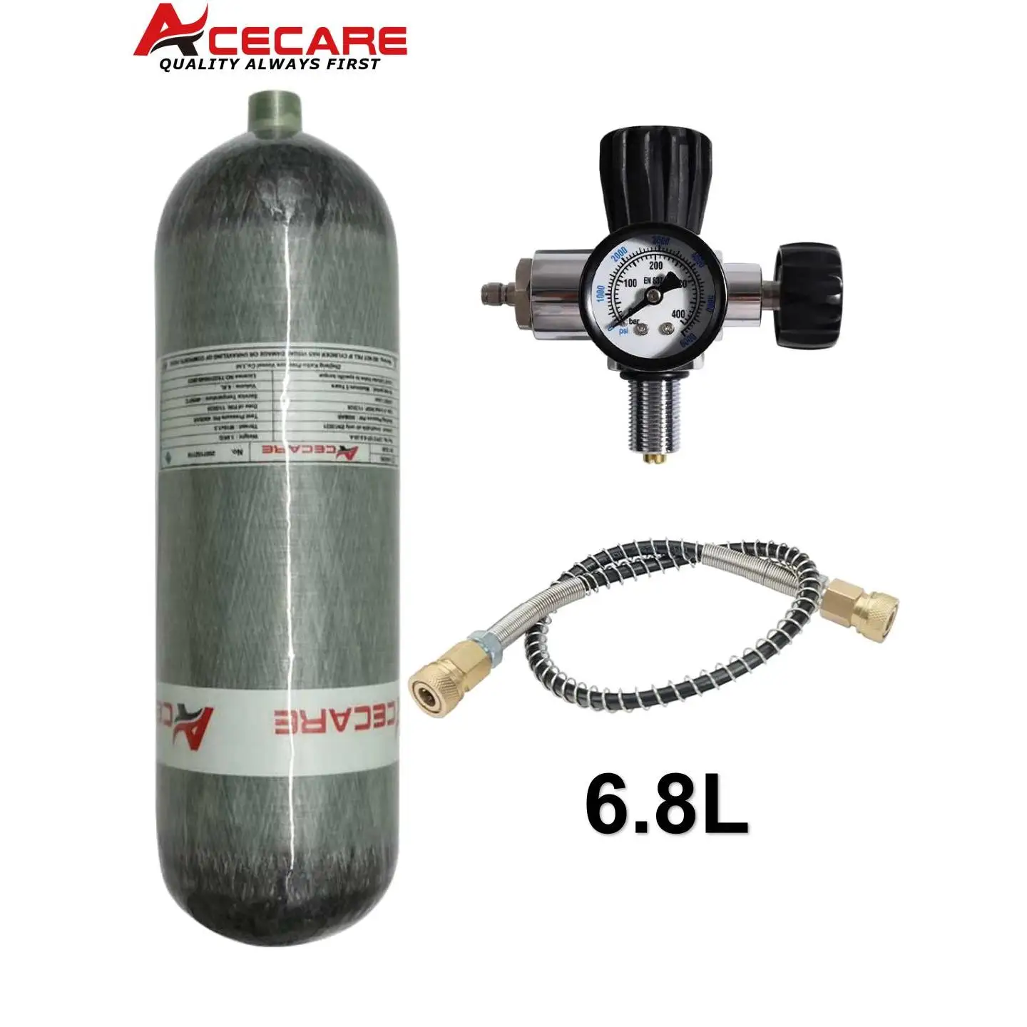 ACECARE 6,8 l Kohlefaser-Zylinder, 4500 psi, 300 bar, HPA-Tank, Hochdruckzylinder mit Regelventil für Tauchen, M18 x 1,5