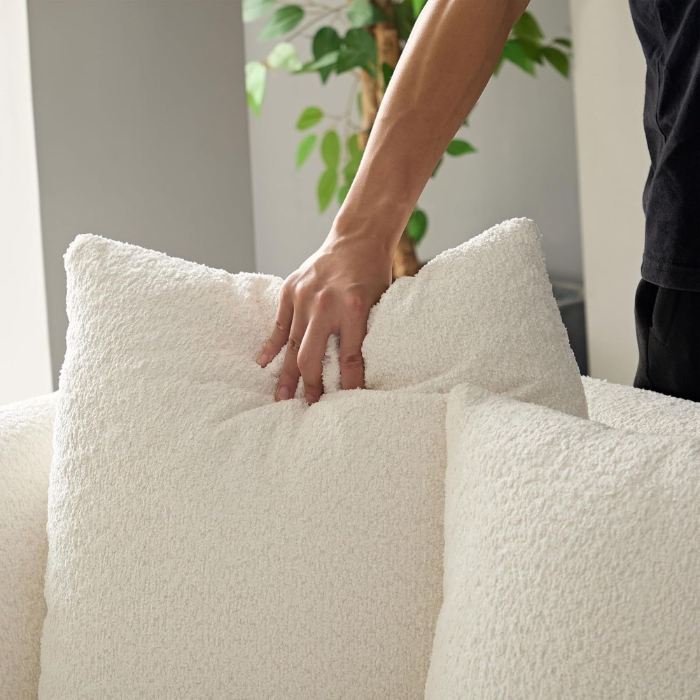 Contemporary 4-Seat Curved Sectional Sofa in Boucle Fabric with Pillows, Wooden Legs for Modern Living Room Seating