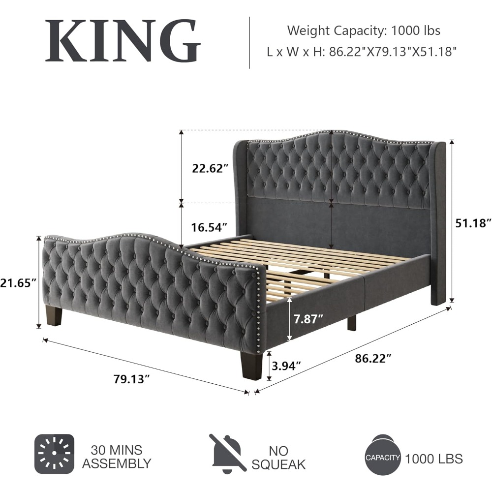 King Size Bed Frame with Tall Headboard Upholstered Bed Frame King Platform Bed Luxury Wingback Headback No Box Spring Needed, M
