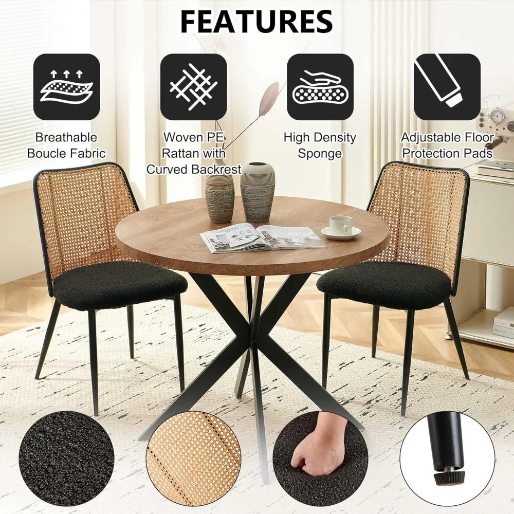 Round Dining Table with Rattan Chairs for 4,Modern Dinette Set with Table and 4 Upholstered Dining Chairs,Classic Kitchen Table