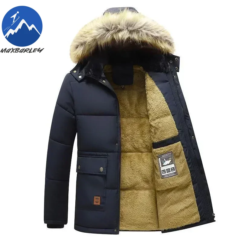 2025 novos homens inverno outono trabalho outwearing parka preto velo forrado grosso quente com capuz gola de pele casaco masculino tamanho 5xl jaqueta de pelúcia