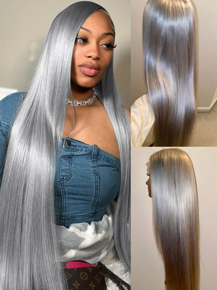 Prata cinza perucas retas cabelo humano vietnamita 220% densidade 13x6 hd laço frontal peruca colorida 38 pré arrancado com linha fina do bebê