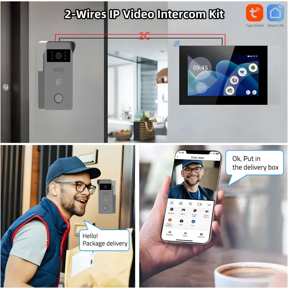 New 2 Wire Video Intercom Video Door Phone Smart Home Tuya Wifi 1080P 2pcs 7'' Color Touch Screen Doorbell Door Security System