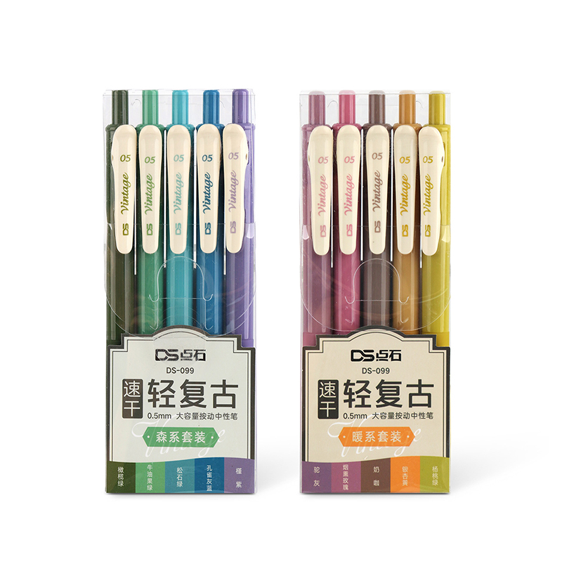 Lot de 5 stylos gel de couleur rétractables, encre à séchage rapide, 0.5mm, stylo vintage pour licence, dessin, école, papeterie de bureau