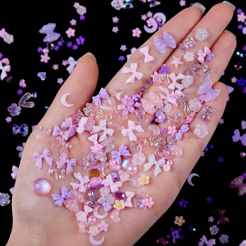 100 Uds. De abalorios para uñas de resina 3D, color rosa y morado, flores, corazón, oso, decoración artística de uñas mixta, cinta rosa Kawaii, lazo, pieza para uñas DIY