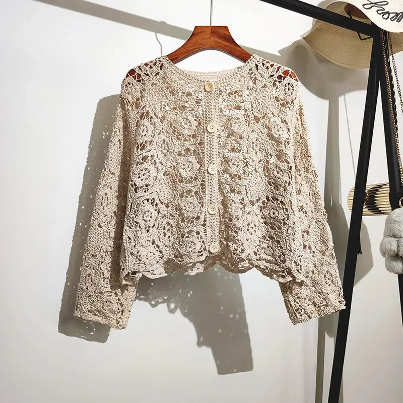 Spitze kleiner Schal Baumwolle Strickjacke weiblich 2023, Frühling und Sommer, O-Ausschnitt, lange Ärmel, solide, lässig, vielseitig, hohle Strickjacke weiblich