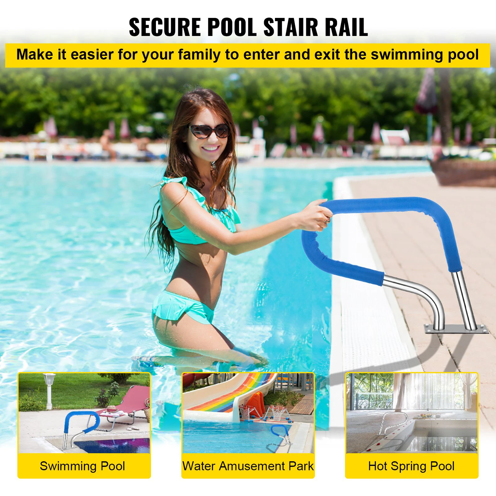 Pool Rail 32x23 Pool Railing 304 Stainless Steel 250LBS Load Capacity Silver Rustproof Pool Handrail Swimming Pool Handrail