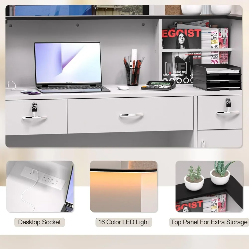 Reception Desk with Counter, Modern Front Table Equipped Lockers & Storage Shelves, 50-inch Checkout Counter with LED Lights