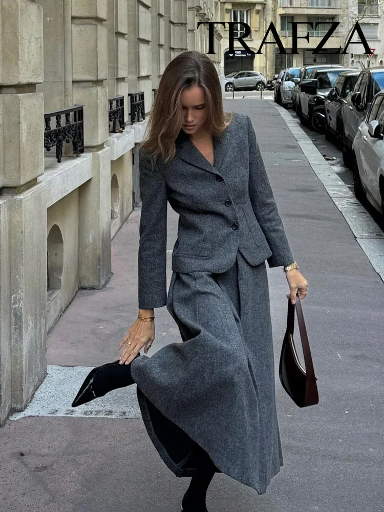 TRAFZA-Conjuntos de moda para mujer, chaqueta ajustada con cuello de pico liso + falda larga holgada y cómoda de estilo minimalista para mujer 2023