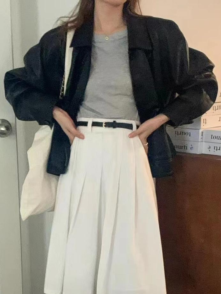 Chic Women's Leather Jacket Coat Loose BF Sle Vintage Collar Spring 2024 New Arrival Versatile Motorcycle Clothing