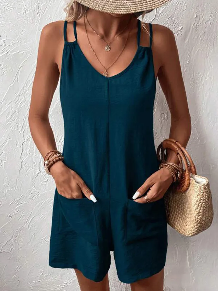 Dames casual zomer korte rompertjes overalls 2024 losse mouwloze dubbele sling strap jumpsuits met zakken