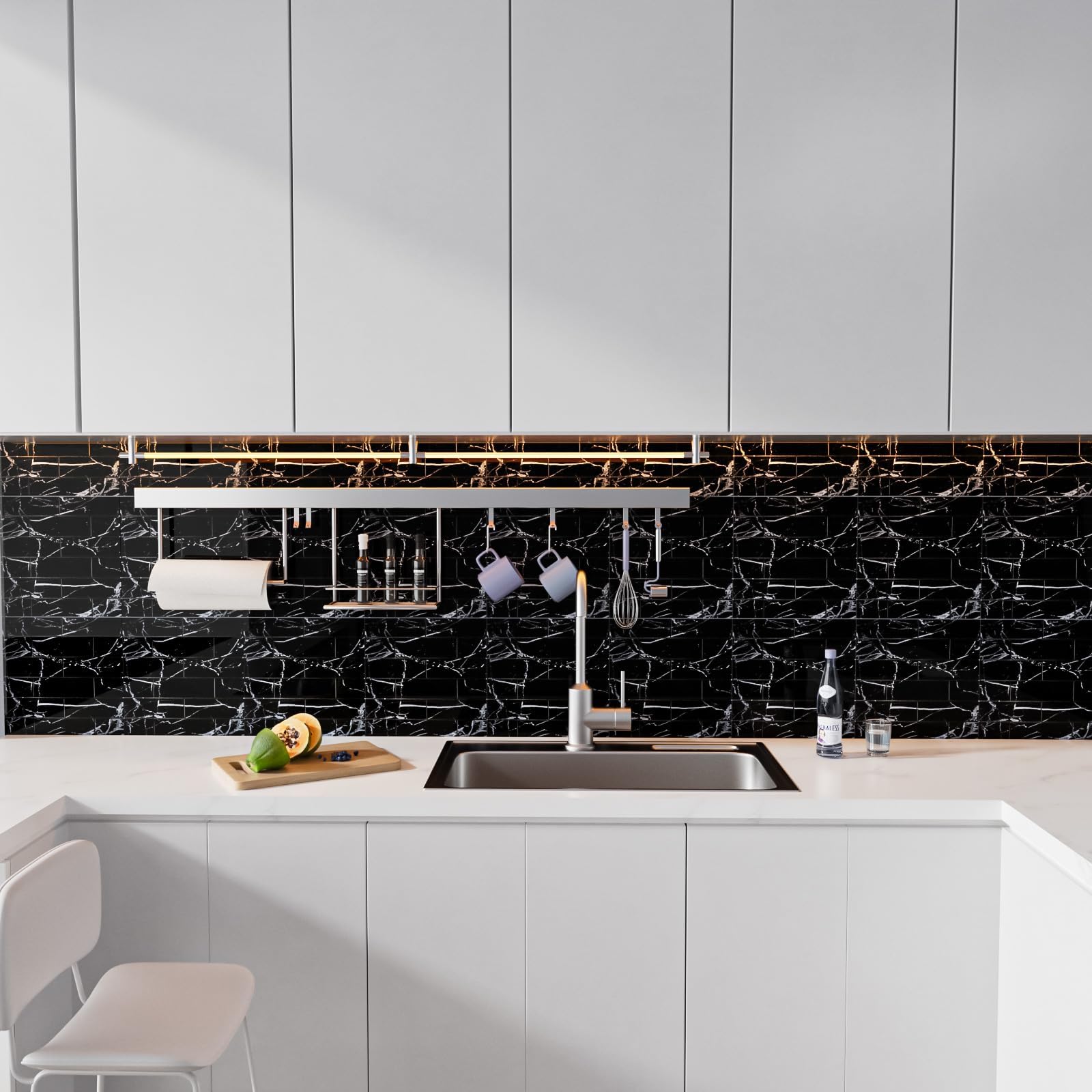 Backsplash Peel and Stick, Back Splashes Black 20 Pieces PET Subway Tile, 3D Wall Panels for Kitchen, Bedroom, Stairs