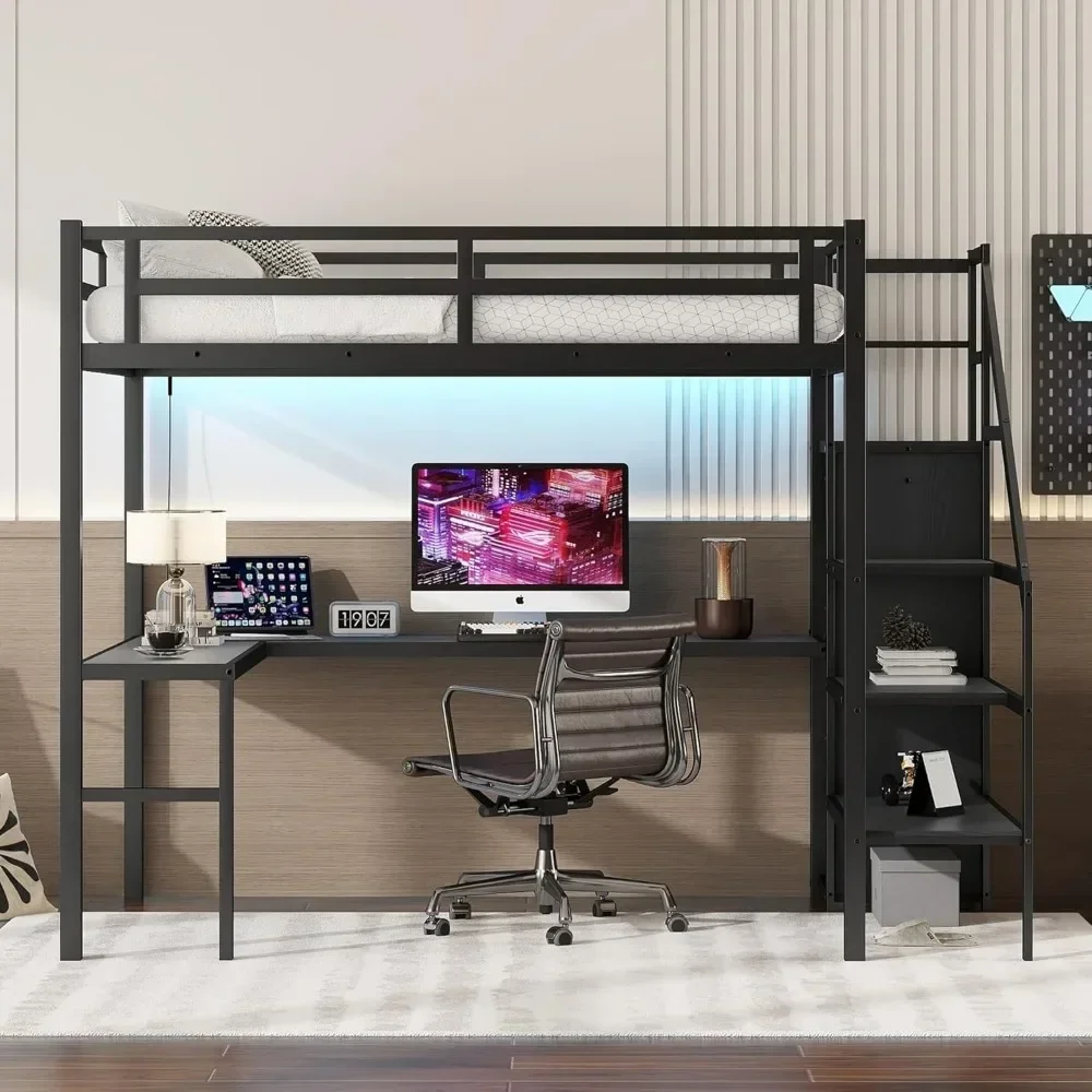 Cama alta de tamanho completo com escadas e mesa, cama alta de jogos de metal com luz LED RGB, estrutura de cama alta de aço resistente com armazenamento