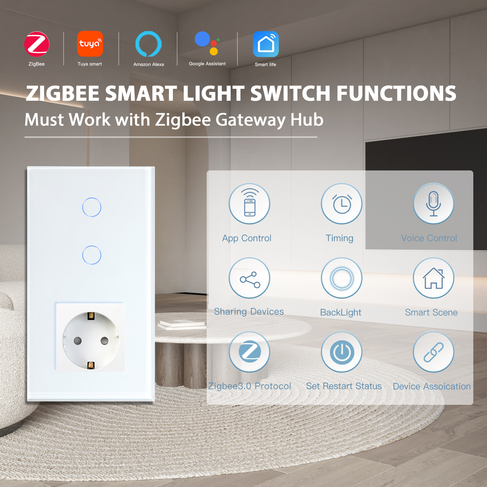 BSEED Zigbee 1/2/3Gang сенсорные выключатели света 1/2/3Way Tuya Smart Life Alice App Control Plus нормальные розетки европейского стандарта требуется нейтраль