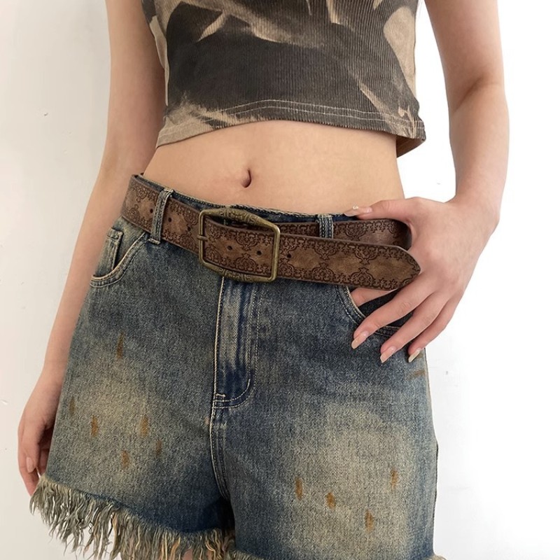 Cinturón con estampado Vintage para mujer, cinturón de estilo étnico versátil, faja de moda de cuero PU, estilo Y2K, hebilla de Pin, pretina para Jeans