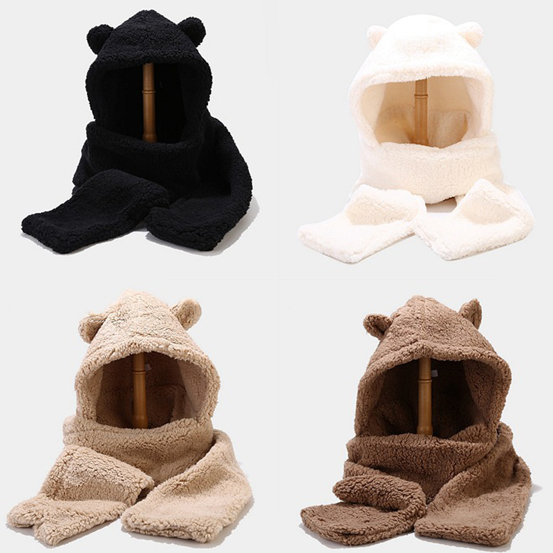 Gorro cálido con orejas de oso, conjuntos de bufanda para mujer y hombre, gorros gruesos de lana de cordero de invierno, gorros cálidos de una pieza, protección para el cuello al aire libre, traje con forro polar