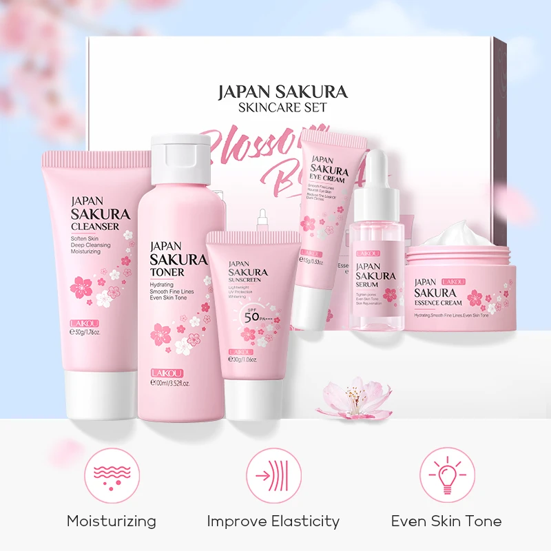 LAIKOU Sakura Conjunto de brilho para cuidados com a pele, protetor solar clareador hidratante, conjuntos de 6 peças
