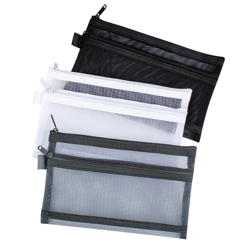Double Layers Mesh Cosmetic Bag High Capacity Zipper Toiletry Kits Nets Stationery Pencil Bag Nylon Scrapbook Bills Organizer