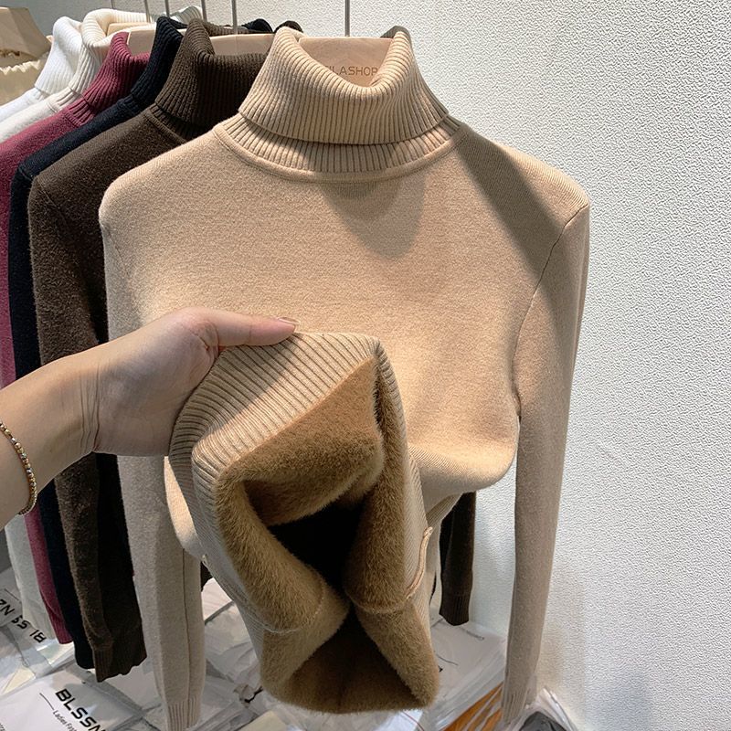 คอเต่า Plush เสื้อกันหนาวขนแกะผู้หญิงฤดูหนาวแฟชั่น Elastic Thicken Pullovers สบายๆ Basic Solid Bottoming เสื้อกันหนาว
