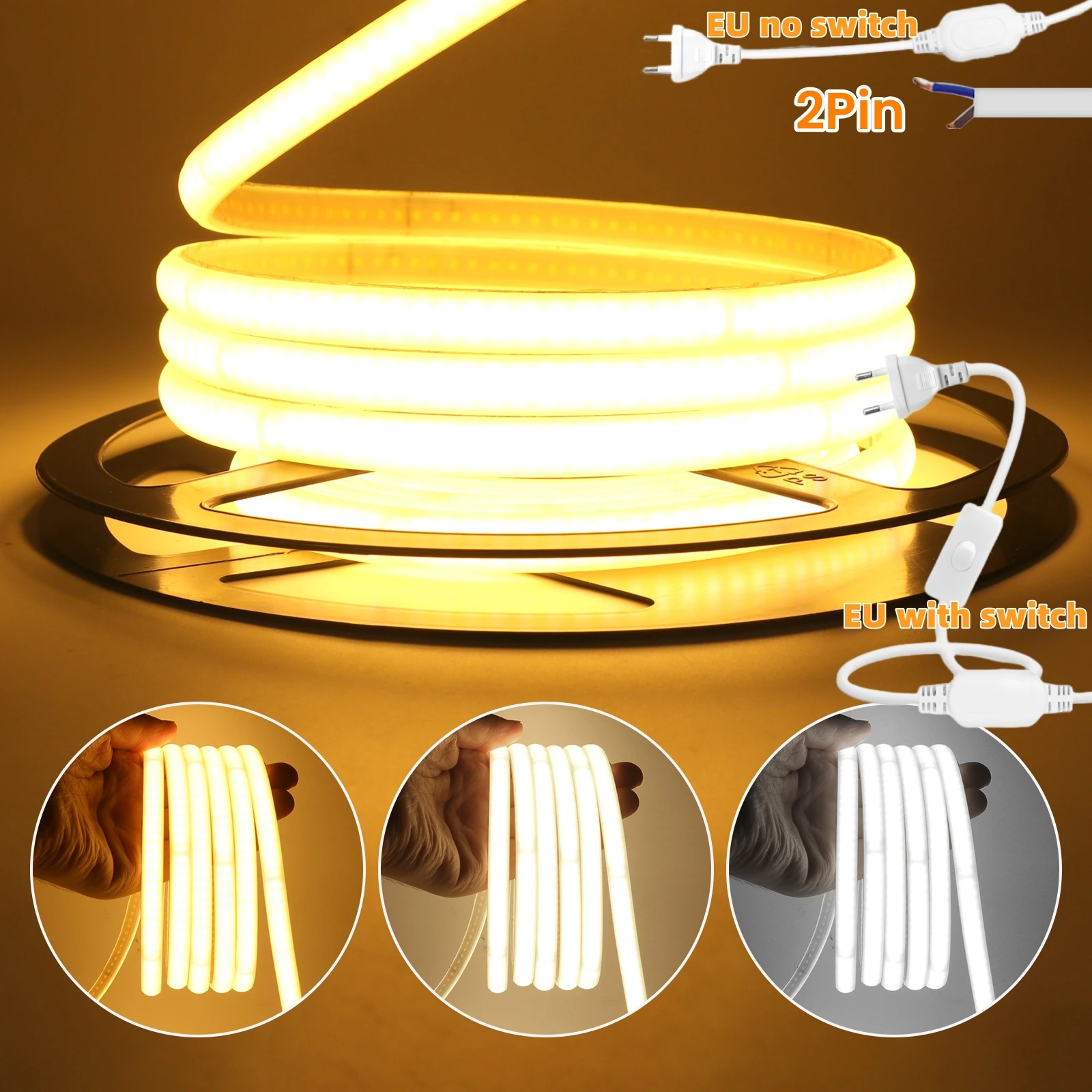Cinta autoadhesiva IP65 COB, tiras de luz de neón LED AC 230V RA90, impermeable, lámpara de cinta FOB para jardín al aire libre, cable de 2 pines/enchufe de alimentación de la UE