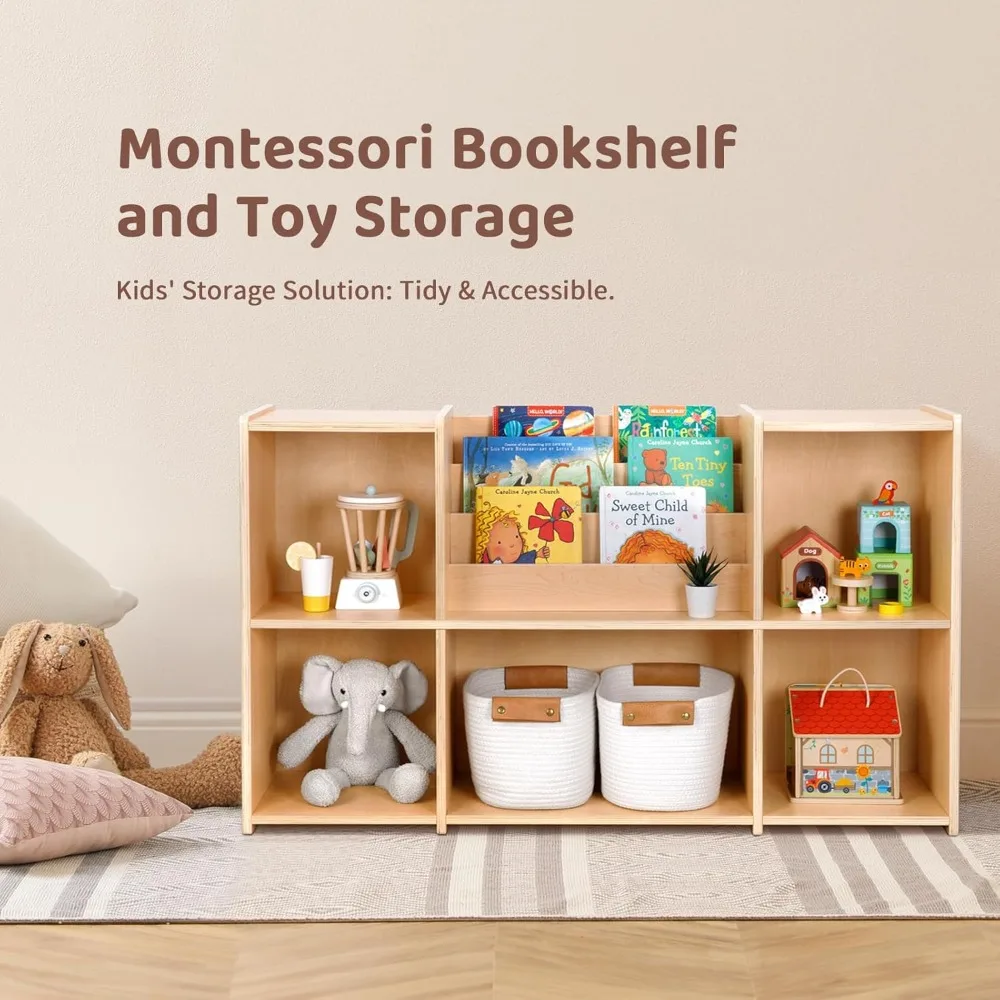 Montessori Bookshelf and Toy Storage Organizer, 2-Tier Horizontal Bookshelf, 5-Compartment Toy Storage Cabinet with Book Rack