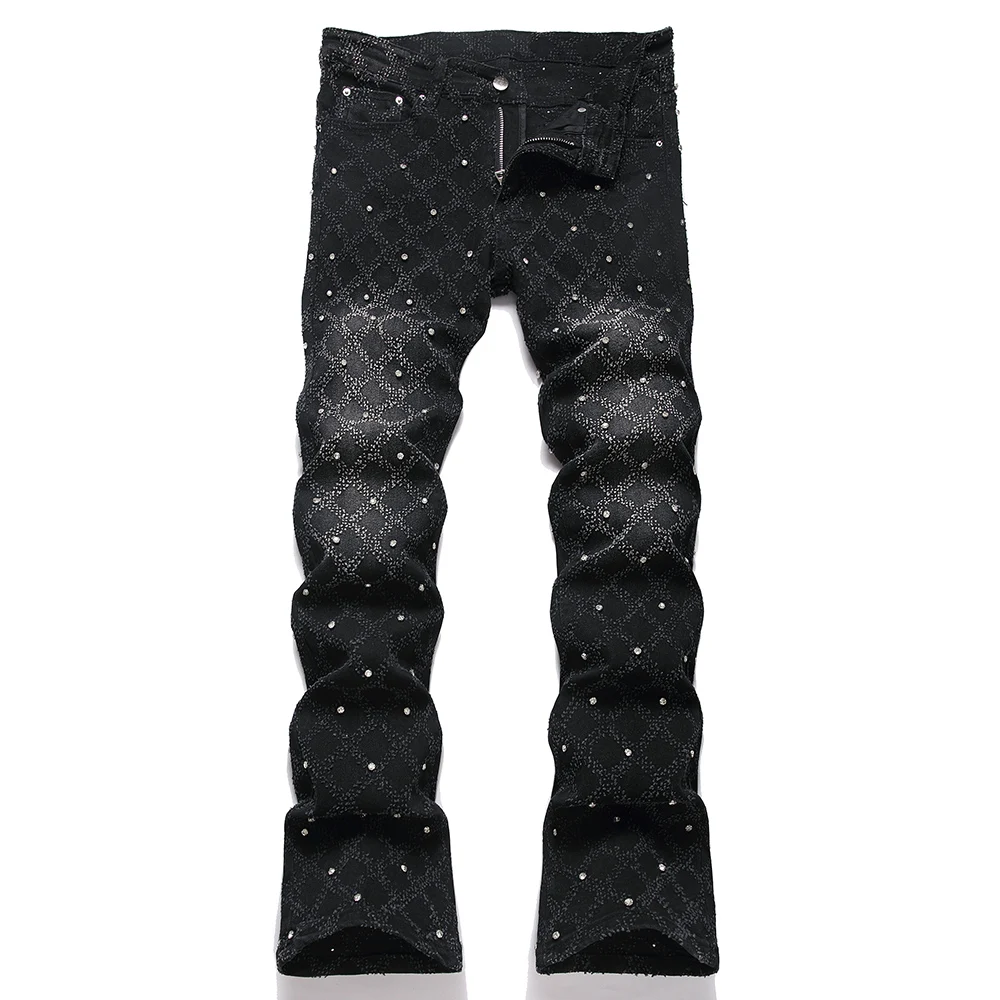 Herren Crystal Boot Cut Jeans Punk Schwarz Stretch Denim Hose Nieten Slim Flared Hose Modische Bootcut Hose