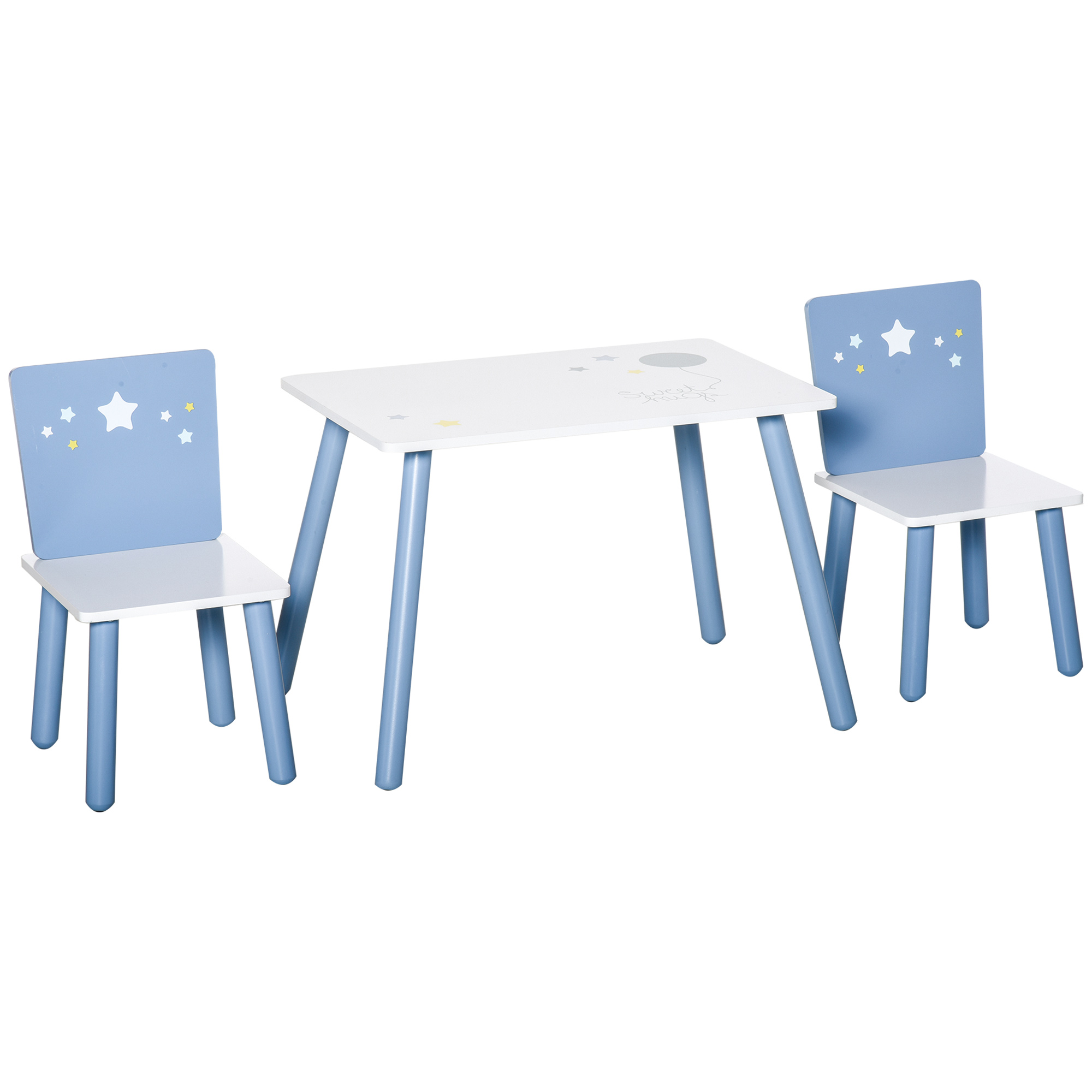 HOMCOM 3 Pcs Kids Table & Chairs Set with Wood Legs Safe Corners Cute Stars Seating Blue