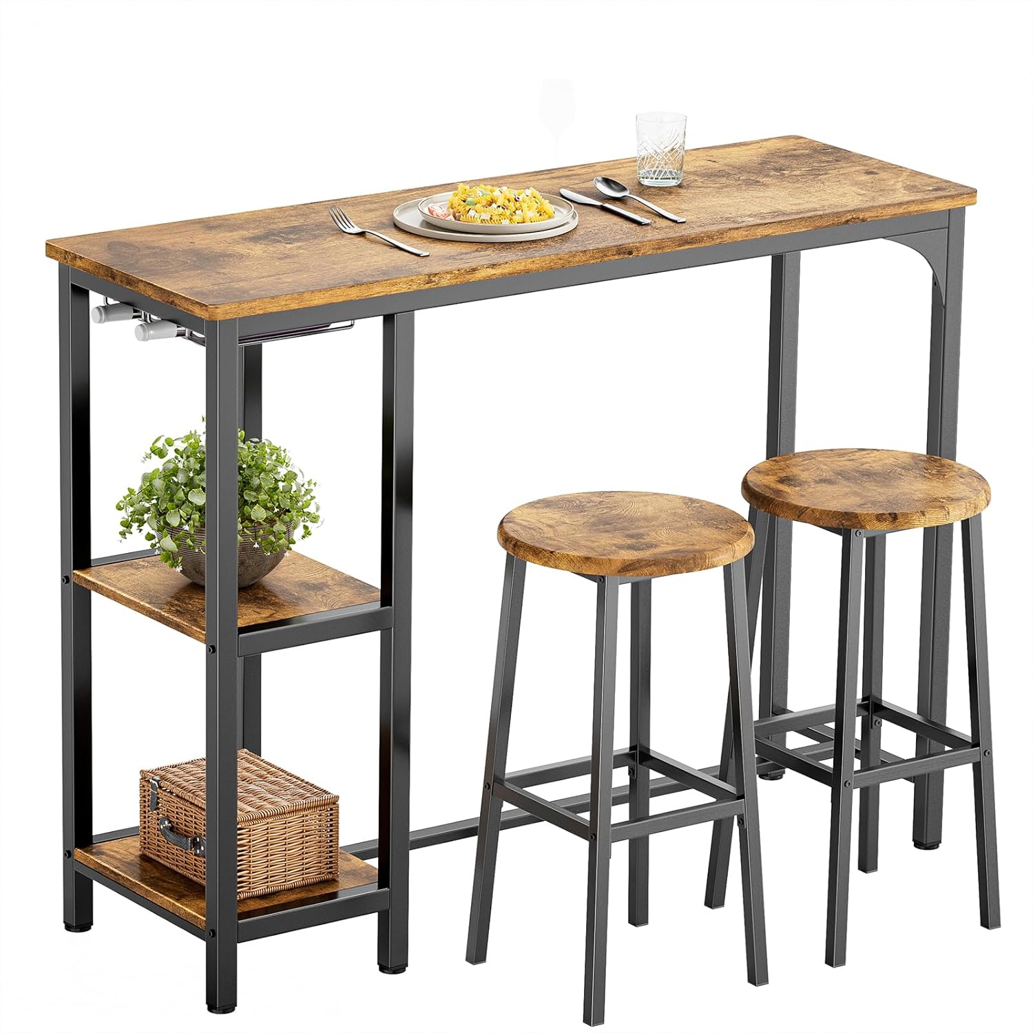 2-Personen-Set, Knie-Tisch-Set mit 2 Ablagen und Glashalter, Küchen-Bartisch-Set für Küche, Wohnzimmer, Esszimmer (Retro)