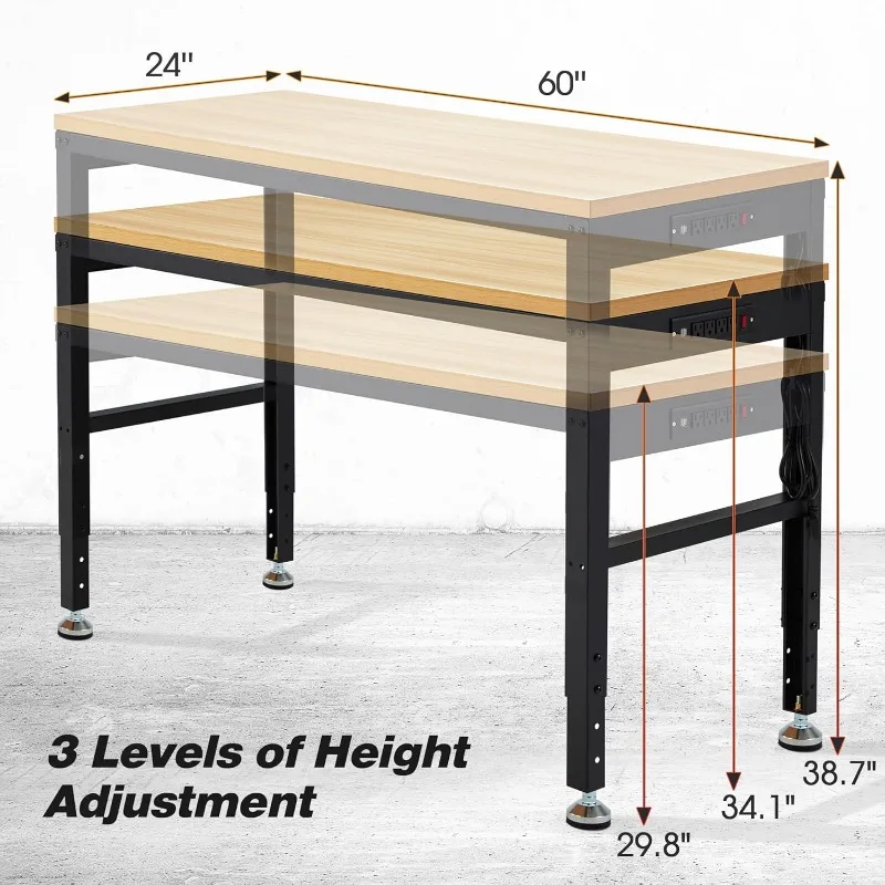 Adjustable Height Wood Workbench, 60" L X 24" W 2000 Lbs Capacity Heavy Duty Work Bench, Smooth Surface Table with Power Outlets