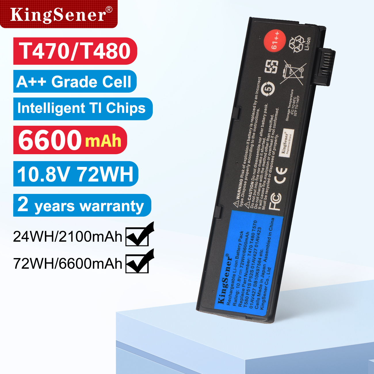 KingSener 10.8V 6600mAh Laptop Battery for Lenovo ThinkPad T470 T480 T570 T580 P51S P52S 01AV427 01AV428 01AV423 SB10K97580 61++