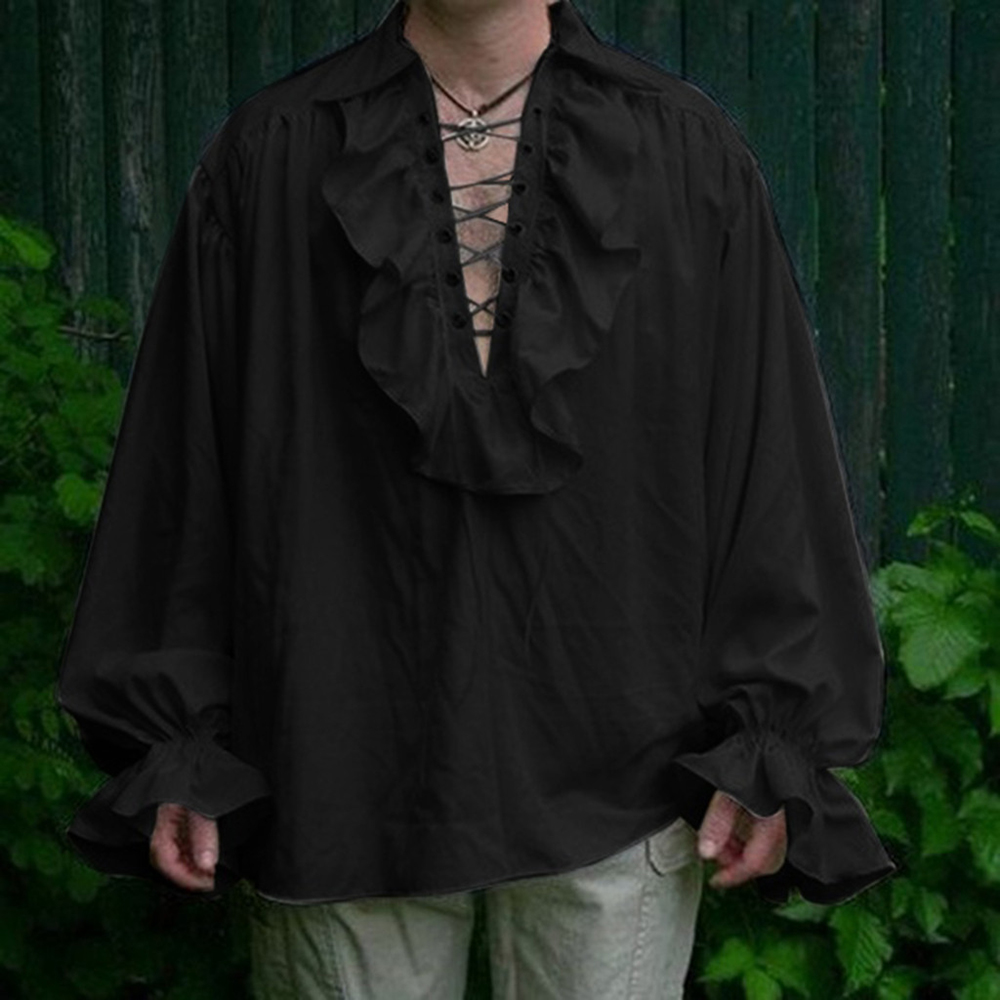 Disfraz renacentista para hombre, camisa pirata Steampunk Medieval de manga larga con volantes y cordones, disfraz de príncipe Drama, Tops para escenario
