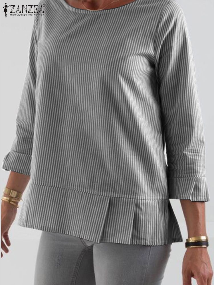 Zanzea เสื้อพิมพ์ลายทางสำหรับฤดูร้อน, เสื้อเบลาส์ลำลองคอกลมเสื้อเบลาส์สตรีแขนยาวลำลองสำหรับวันหยุด