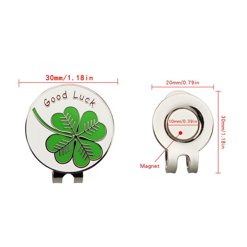 1.18 "Lucky Clover Golf Ball Mark w แม่เหล็กหมวกคลิป 30 มม.สีเขียว Four Leaf Clover Golf Marker การฝึกอบรมเอดส์