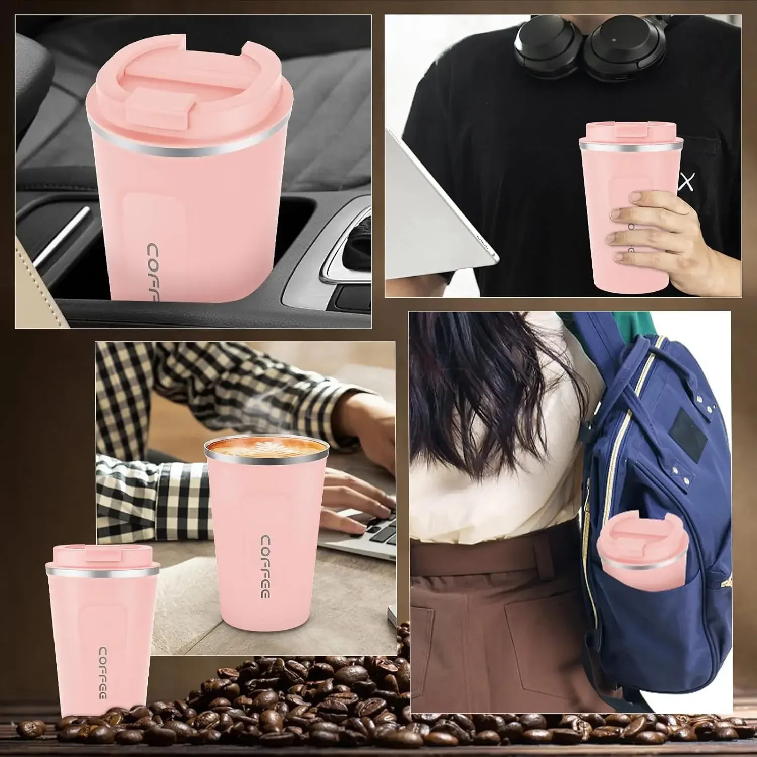 Caneca térmica de aço inoxidável rosa, Thermo para café, Garrafa de água, Drinkware Leakproof Travel, 380 510ml